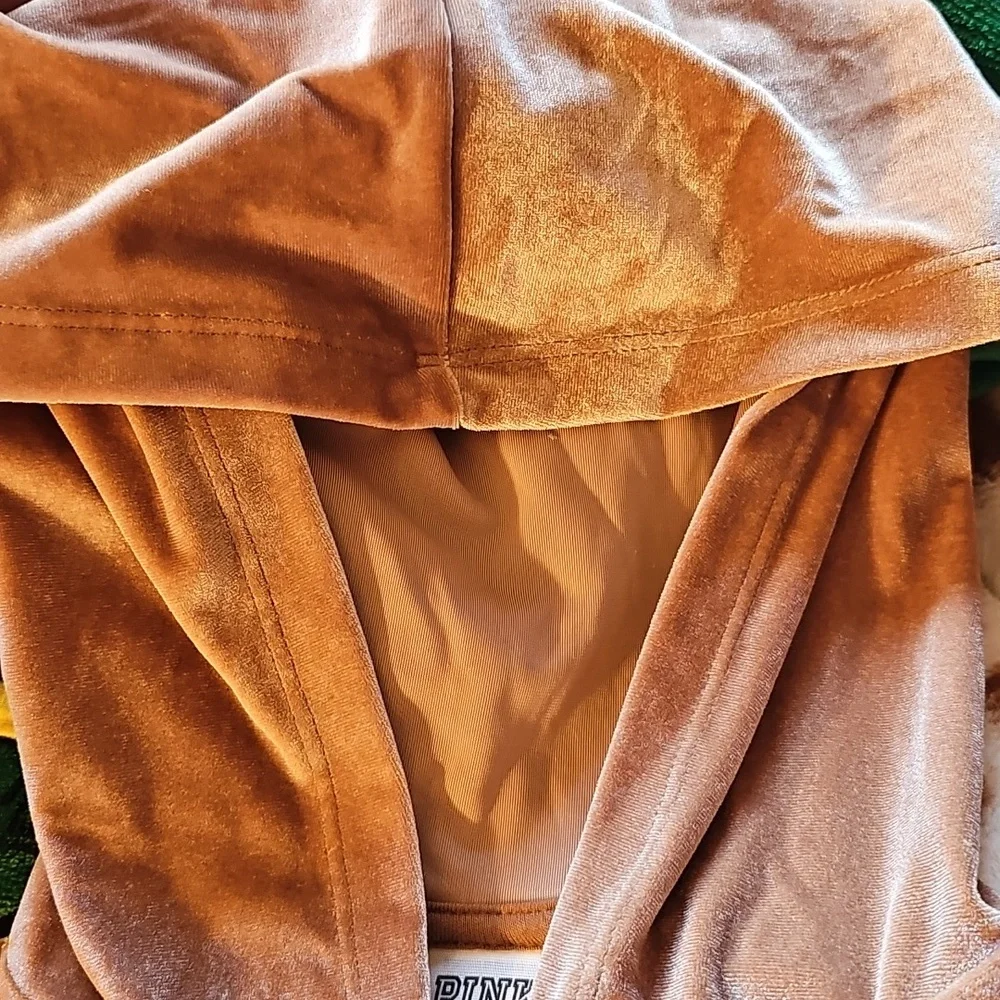 PINK Victoria's Secret Brown Cropped Velour Hoodie Size M - Picture 6 of 7